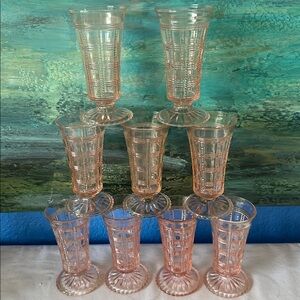 9 Imperial Pink Depression Glass Beaded Block Footed Parfait Glasses, Set of 9